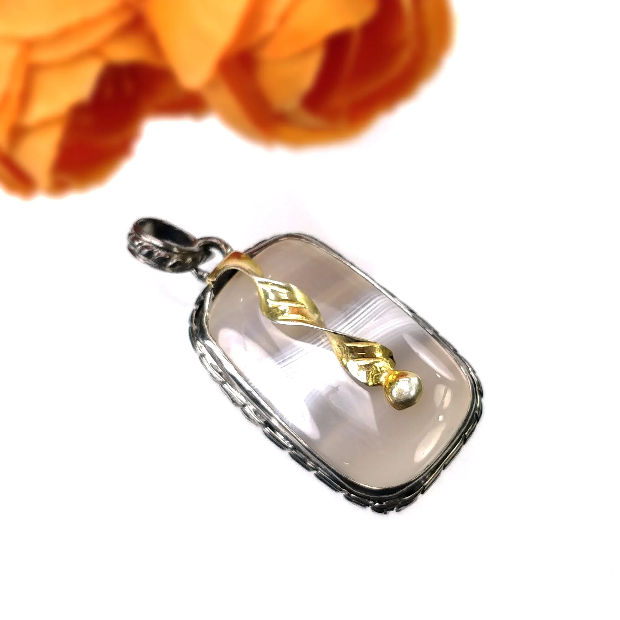 BOTSWANA AGATE 925 Sterling Silver Pendant : 11.51gms Natural Gemstone Cushion Shape Victorian Gold Plated Bezel Pendant 1.75"