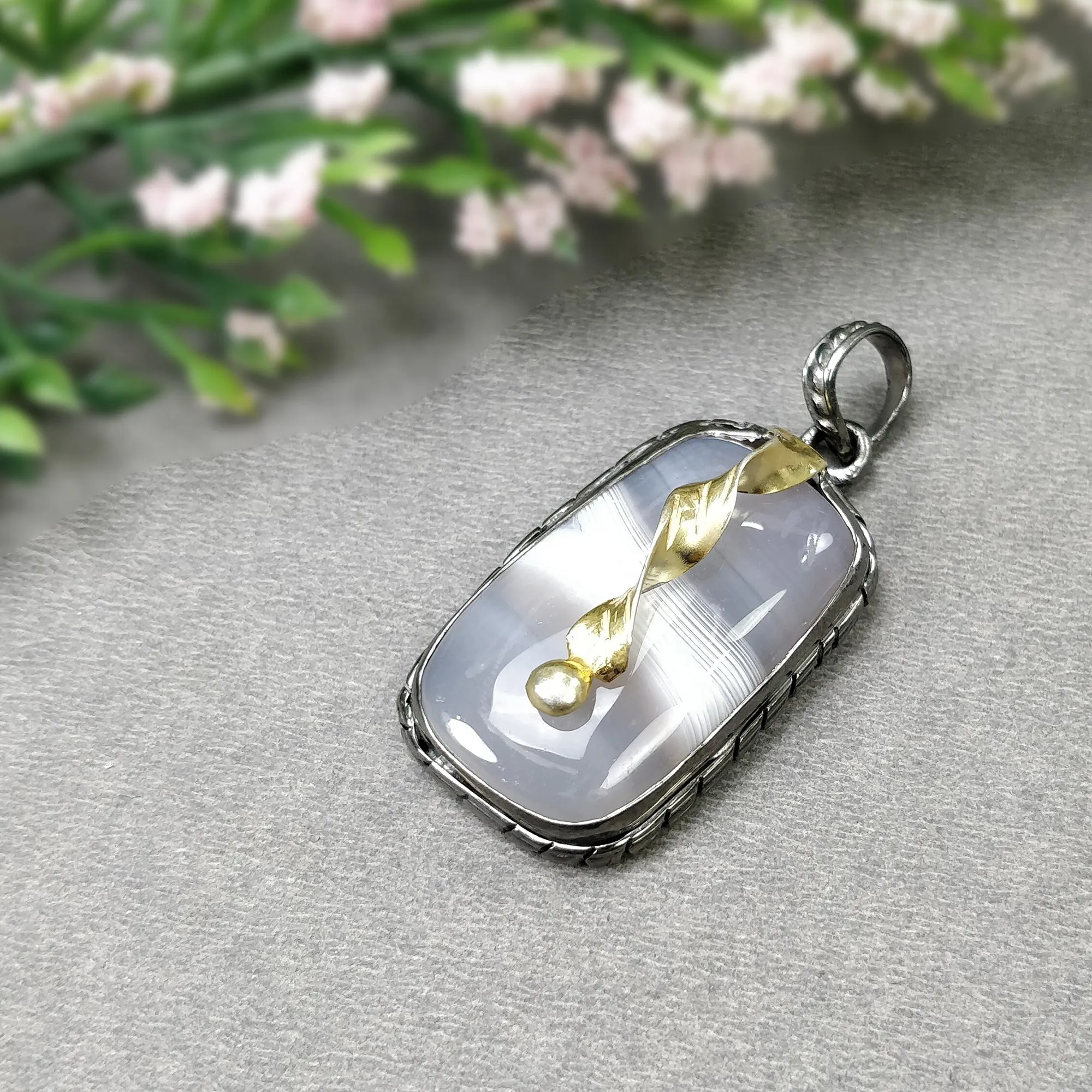 BOTSWANA AGATE 925 Sterling Silver Pendant : 11.51gms Natural Gemstone Cushion Shape Victorian Gold Plated Bezel Pendant 1.75"