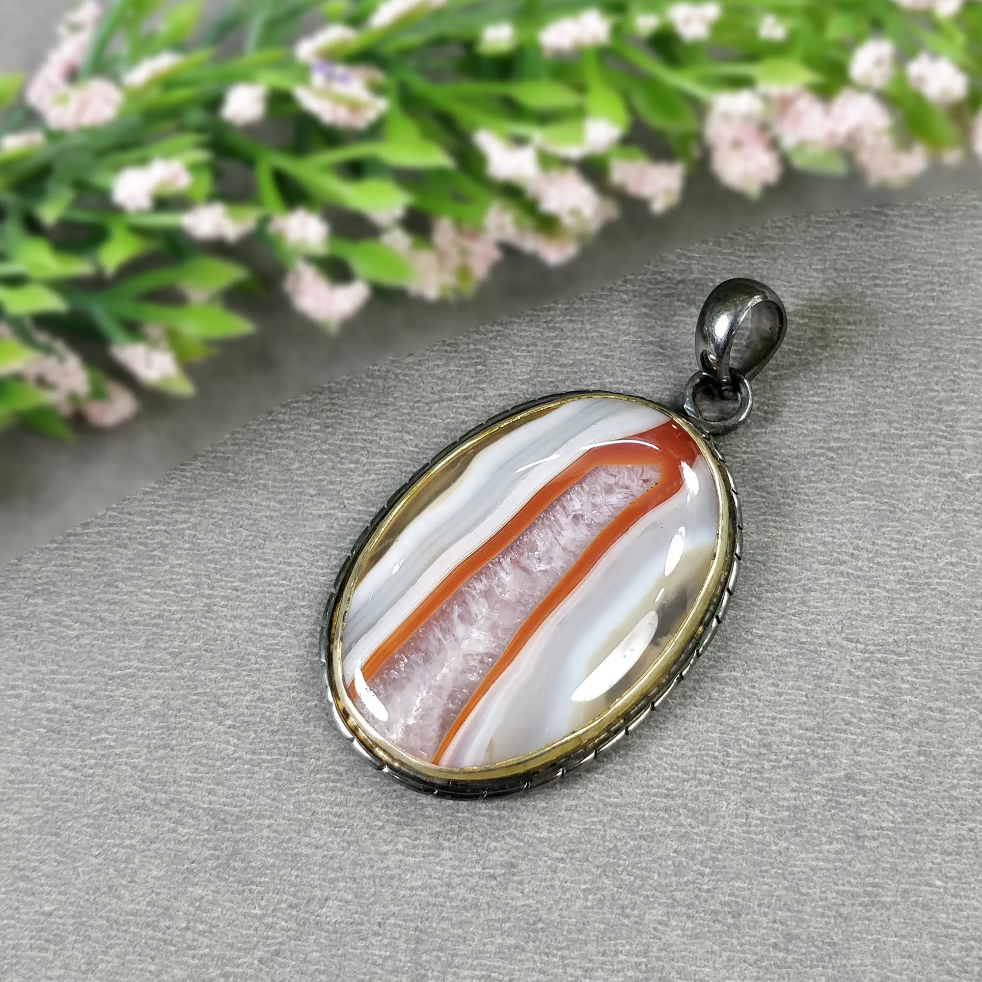 BOTSWANA AGATE 925 Sterling Silver Pendant : 14.06gms Natural Gemstone Oval Shape Victorian Gold Plated Bezel Set Pendant 2.00"