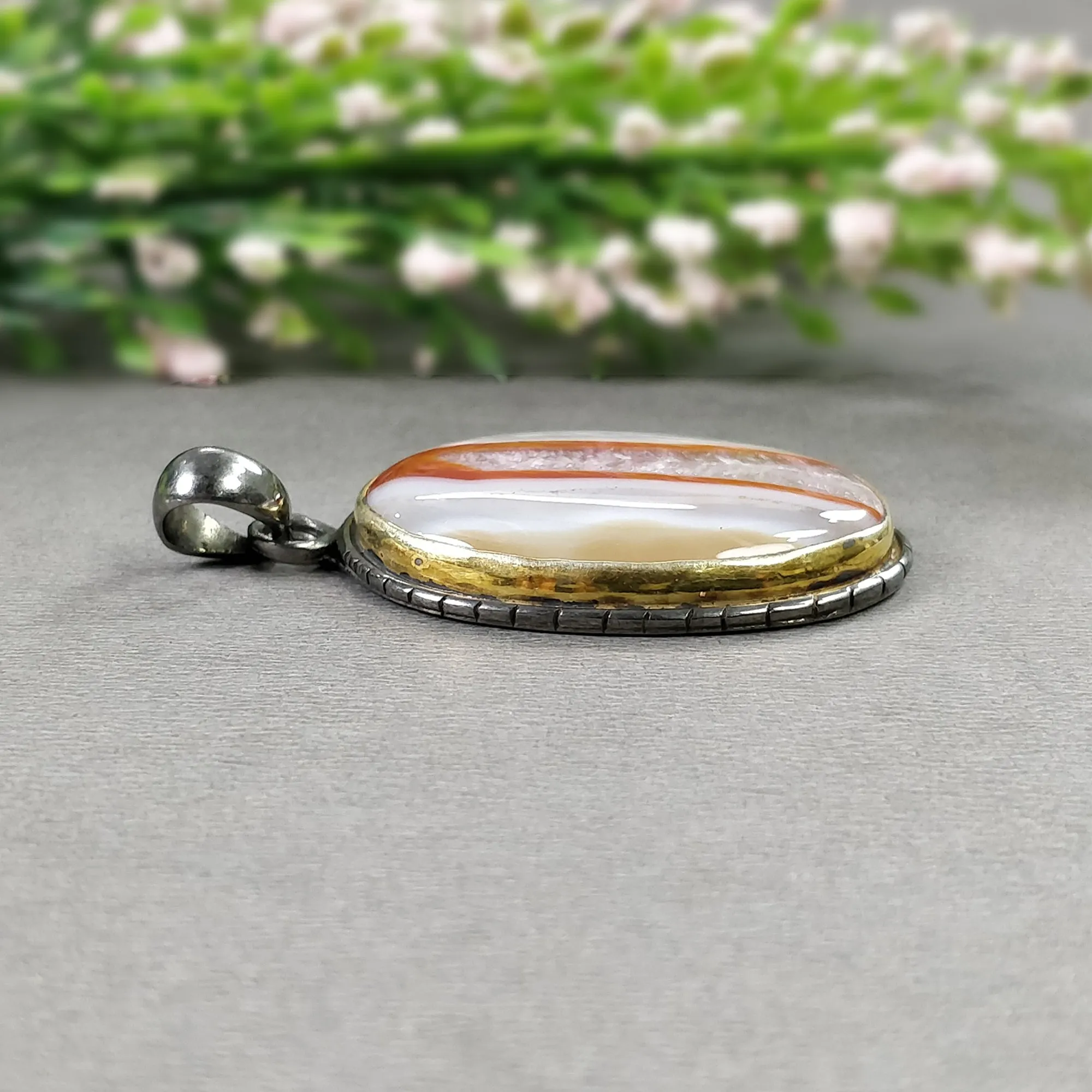 BOTSWANA AGATE 925 Sterling Silver Pendant : 14.06gms Natural Gemstone Oval Shape Victorian Gold Plated Bezel Set Pendant 2.00"