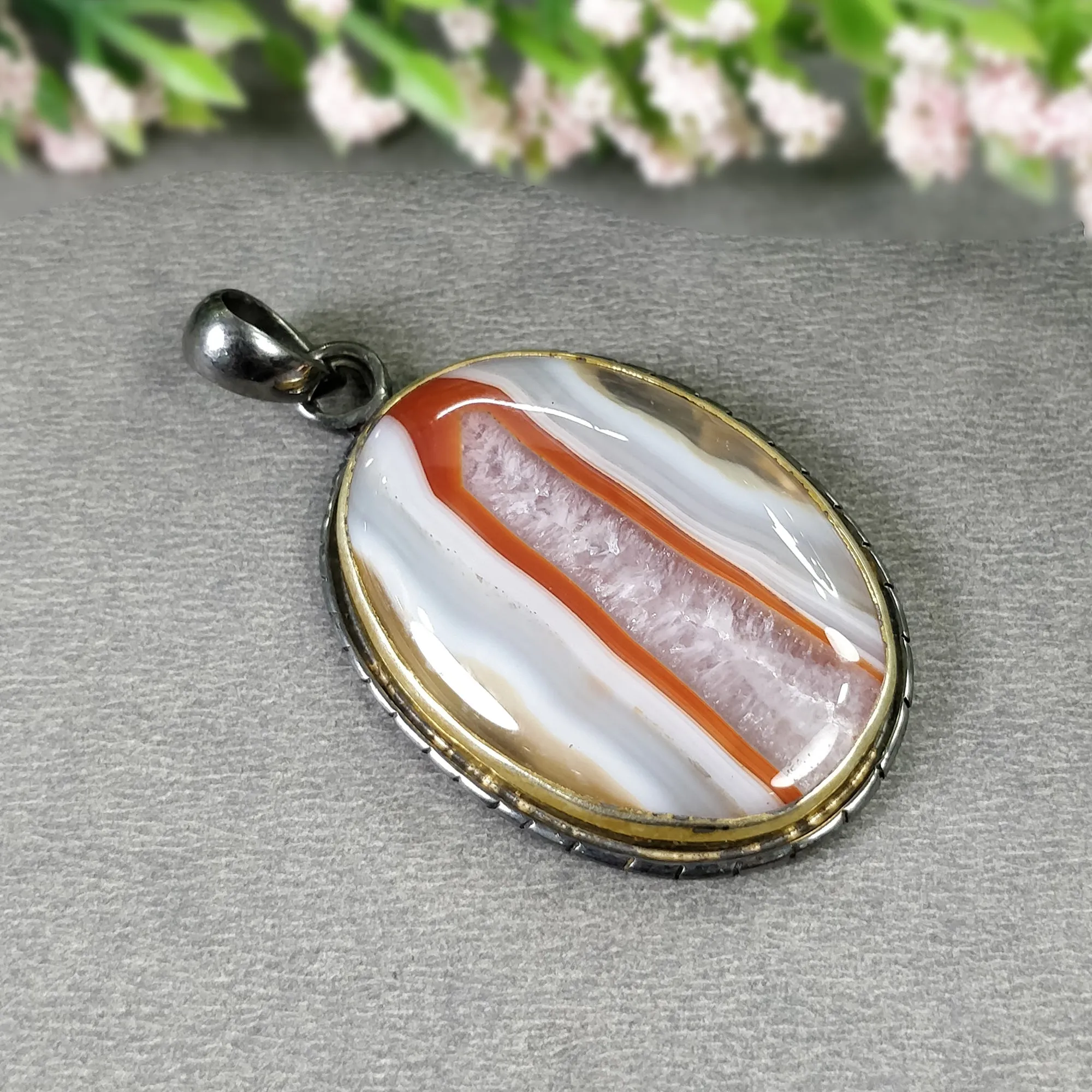 BOTSWANA AGATE 925 Sterling Silver Pendant : 14.06gms Natural Gemstone Oval Shape Victorian Gold Plated Bezel Set Pendant 2.00"