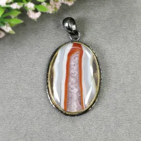 BOTSWANA AGATE 925 Sterling Silver Pendant : 14.06gms Natural Gemstone Oval Shape Victorian Gold Plated Bezel Set Pendant 2.00"