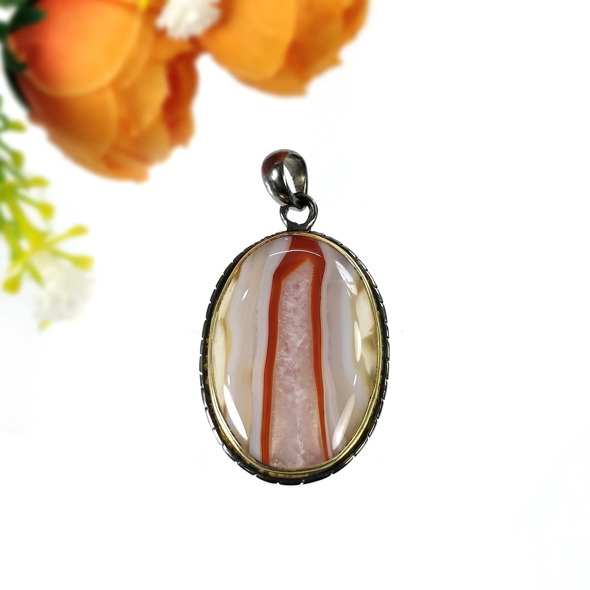 BOTSWANA AGATE 925 Sterling Silver Pendant : 14.06gms Natural Gemstone Oval Shape Victorian Gold Plated Bezel Set Pendant 2.00"