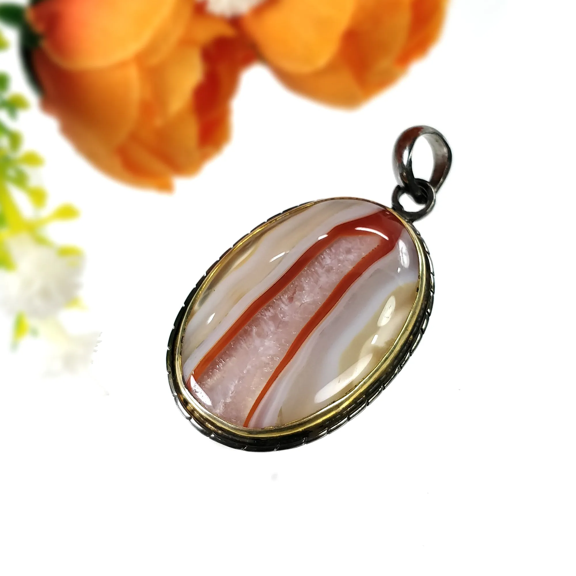 BOTSWANA AGATE 925 Sterling Silver Pendant : 14.06gms Natural Gemstone Oval Shape Victorian Gold Plated Bezel Set Pendant 2.00"