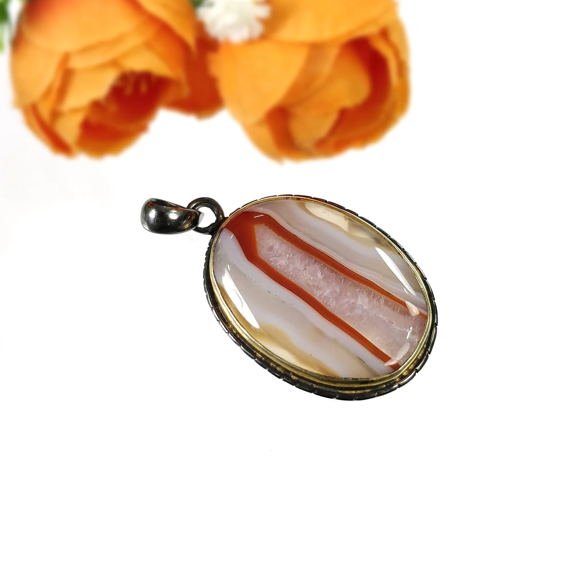 BOTSWANA AGATE 925 Sterling Silver Pendant : 14.06gms Natural Gemstone Oval Shape Victorian Gold Plated Bezel Set Pendant 2.00"