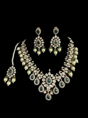 BR303 High quality Polki necklace set with tika - green  ( READY TO SHIP )