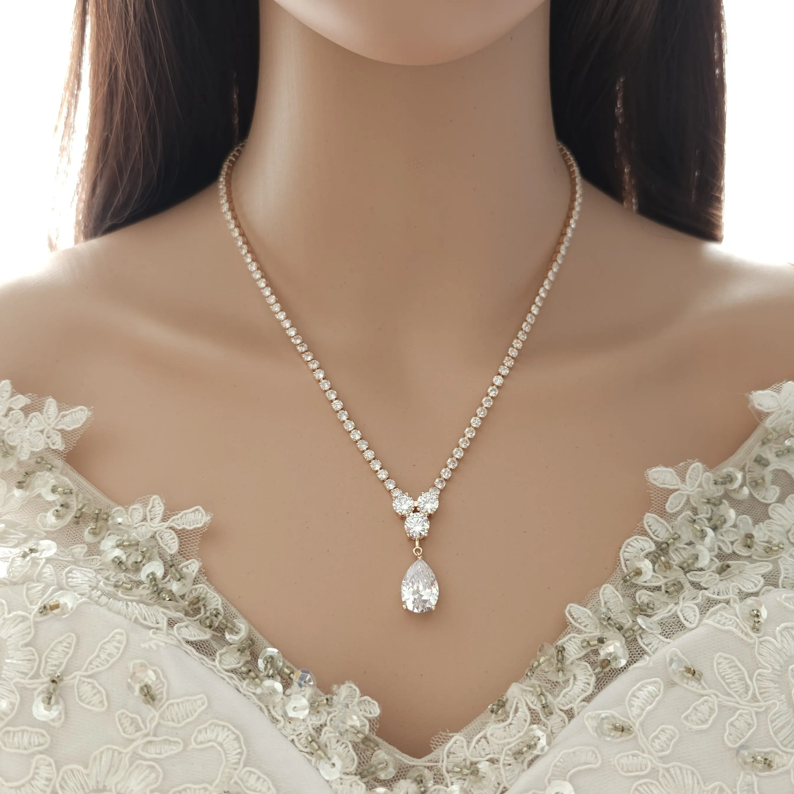 Bridal Necklace in Rose Gold and Cubic Zirconia-Diane