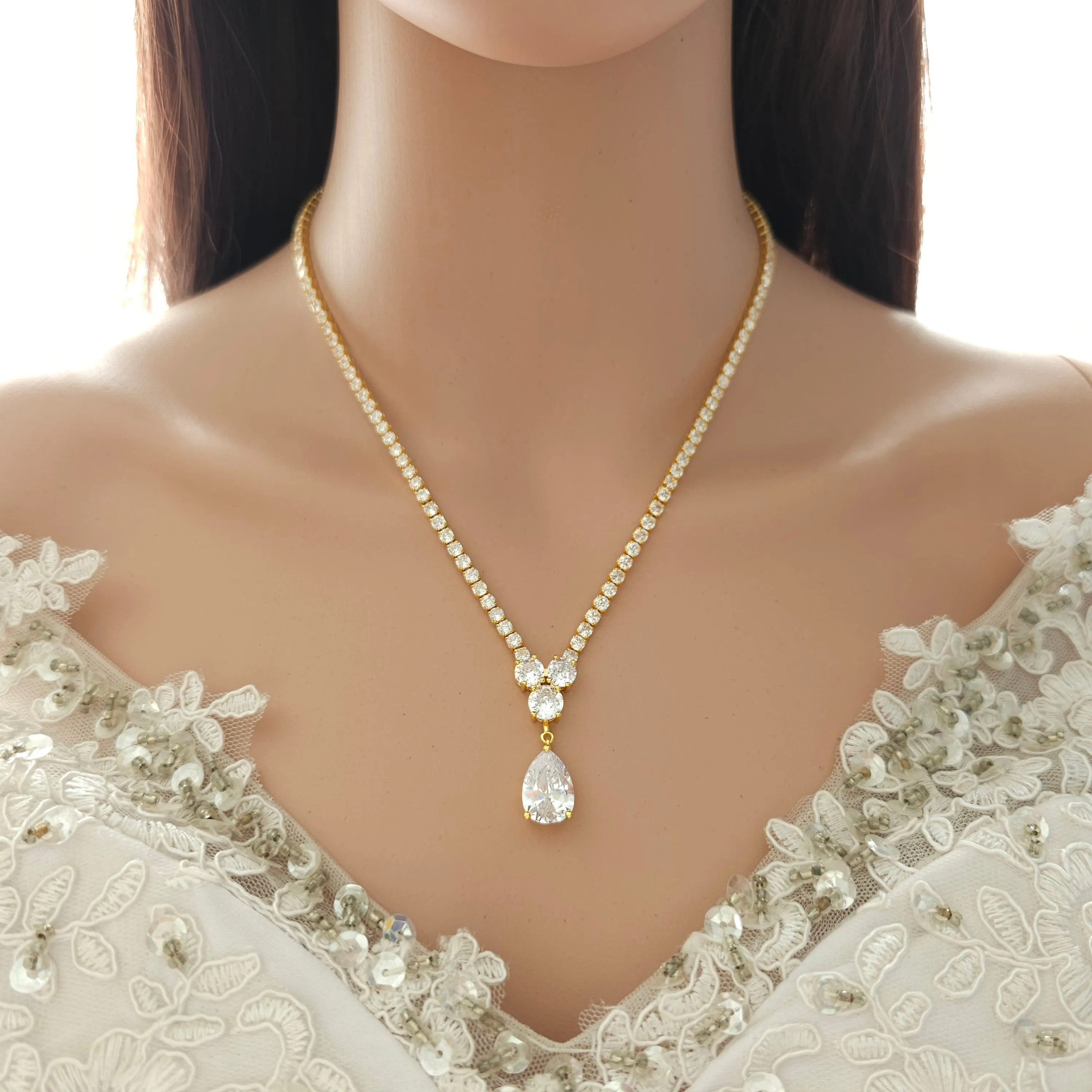 Bridal Necklace in Rose Gold and Cubic Zirconia-Diane