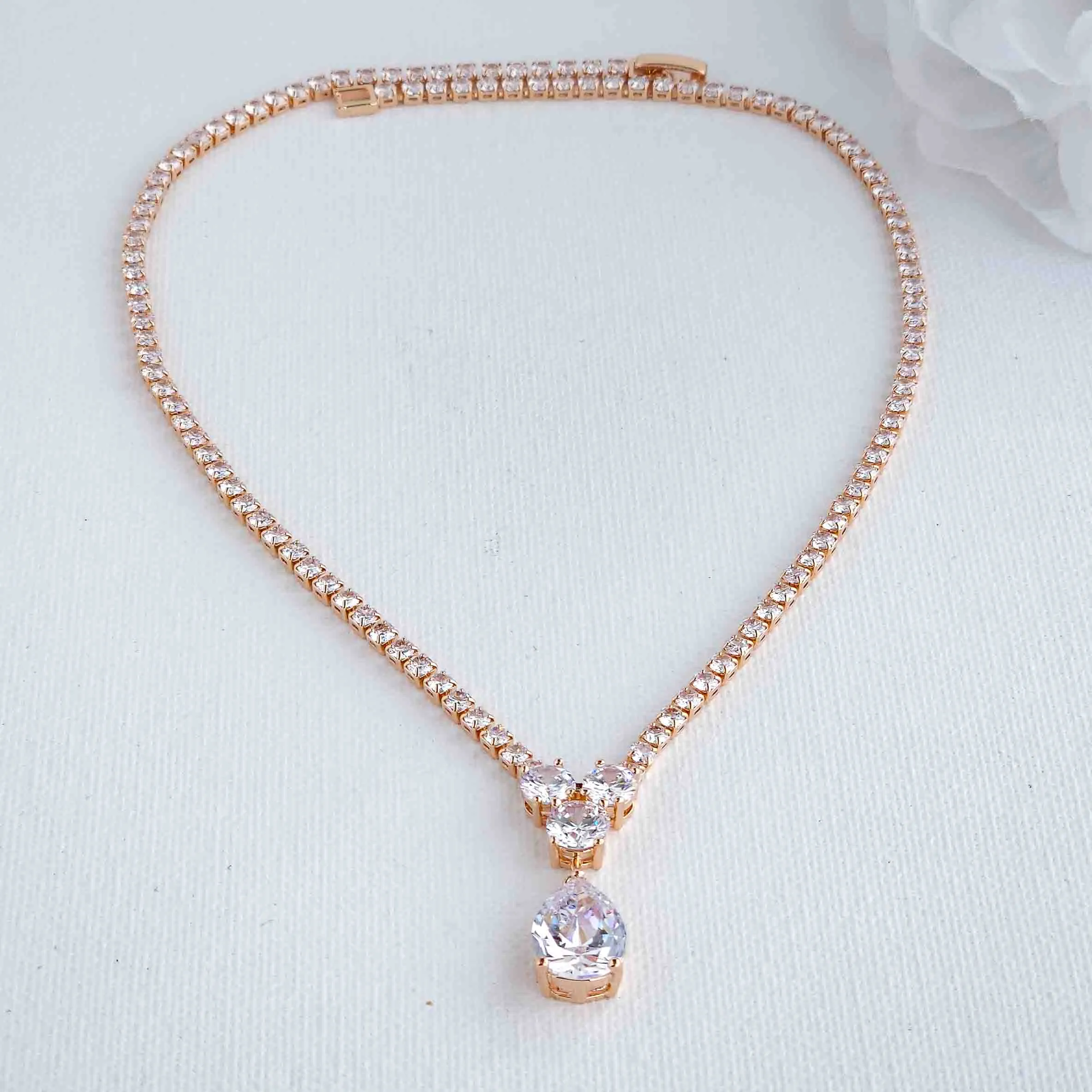 Bridal Necklace in Rose Gold and Cubic Zirconia-Diane