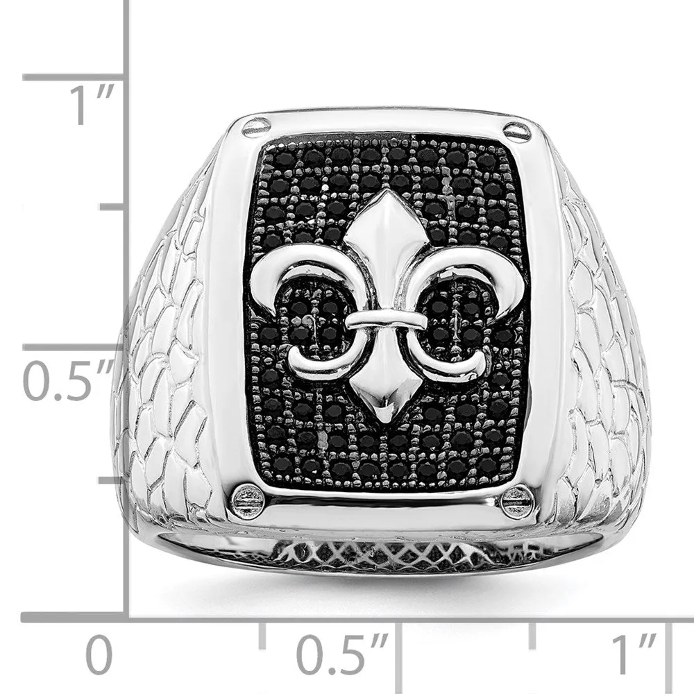 Brilliant Embers Sterling Silver Rhodium-Plated 62 Stone Black Micro Pav CZ Fleur De Lis Men's Ring