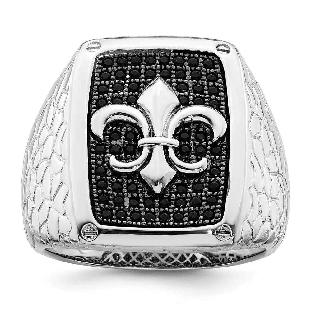 Brilliant Embers Sterling Silver Rhodium-Plated 62 Stone Black Micro Pav CZ Fleur De Lis Men's Ring