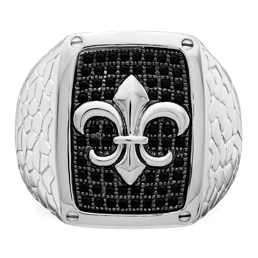 Brilliant Embers Sterling Silver Rhodium-Plated 62 Stone Black Micro Pav CZ Fleur De Lis Men's Ring