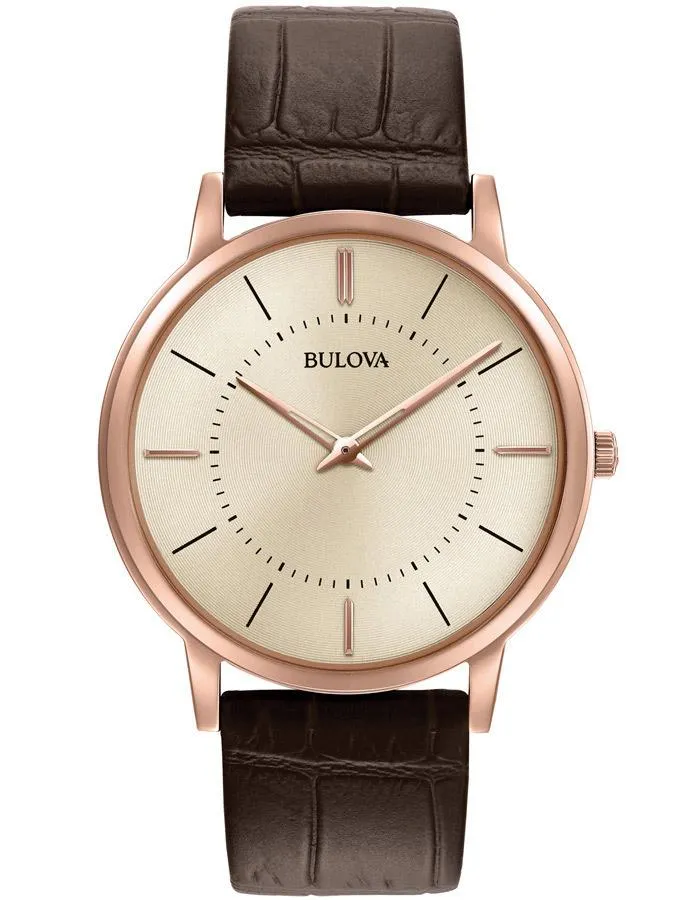 Bulova Mens Thin Classic - Rose Gold-Tone Case - Leather Strap - Grey Dial - 30m