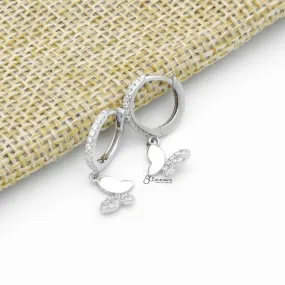 Butterfly Charm Huggie Hoop Earrings - Silver