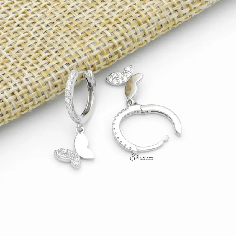 Butterfly Charm Huggie Hoop Earrings - Silver