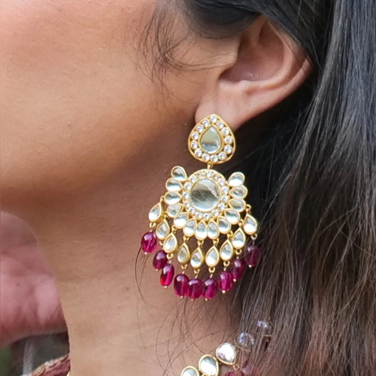 Chandni Statement Earrings -Rani Pink Hued Stone