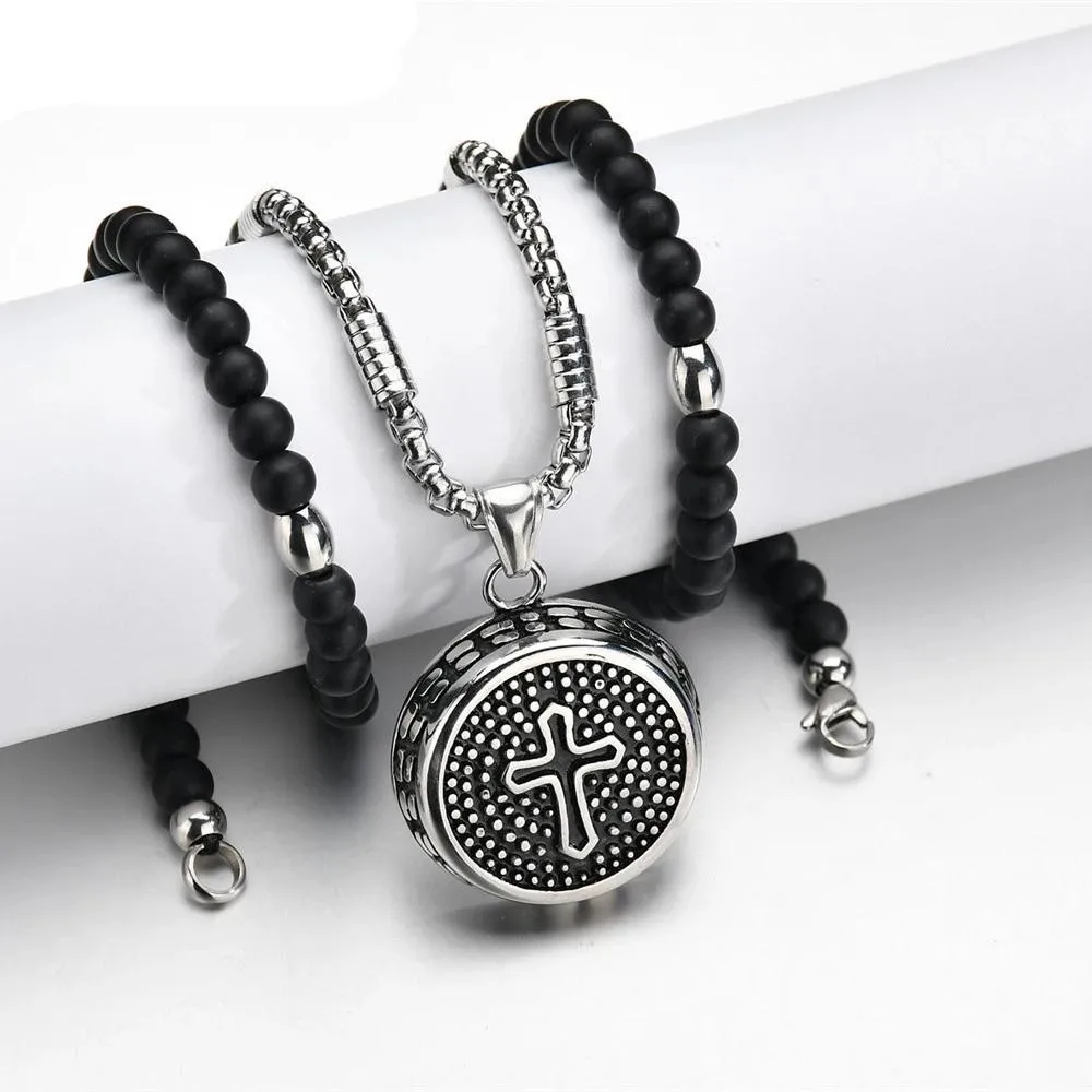 Circular Stainless Steel Pendant with Dotted Cross Design