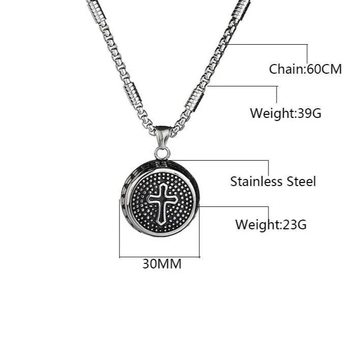 Circular Stainless Steel Pendant with Dotted Cross Design