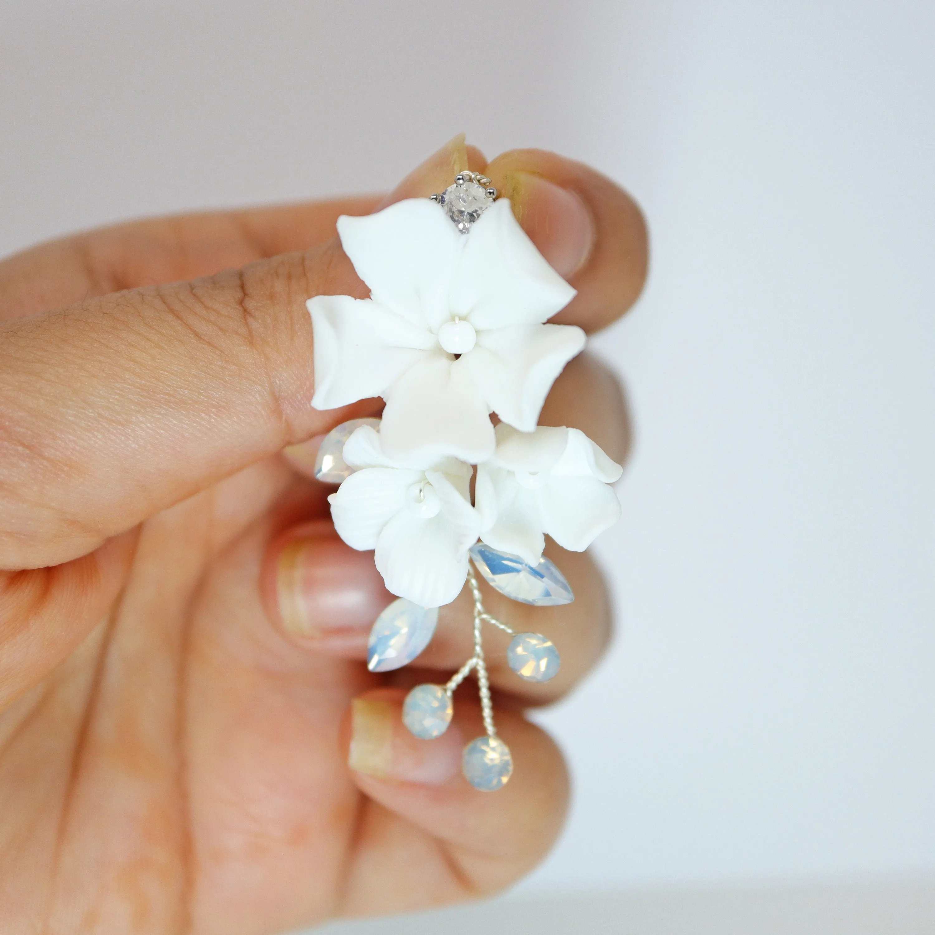 Clip on CZ Opal Ceramic White Flower Sparkling Crystal Long Bridal Jewelry Opal Bridal Earrings Opal Statement Earrings