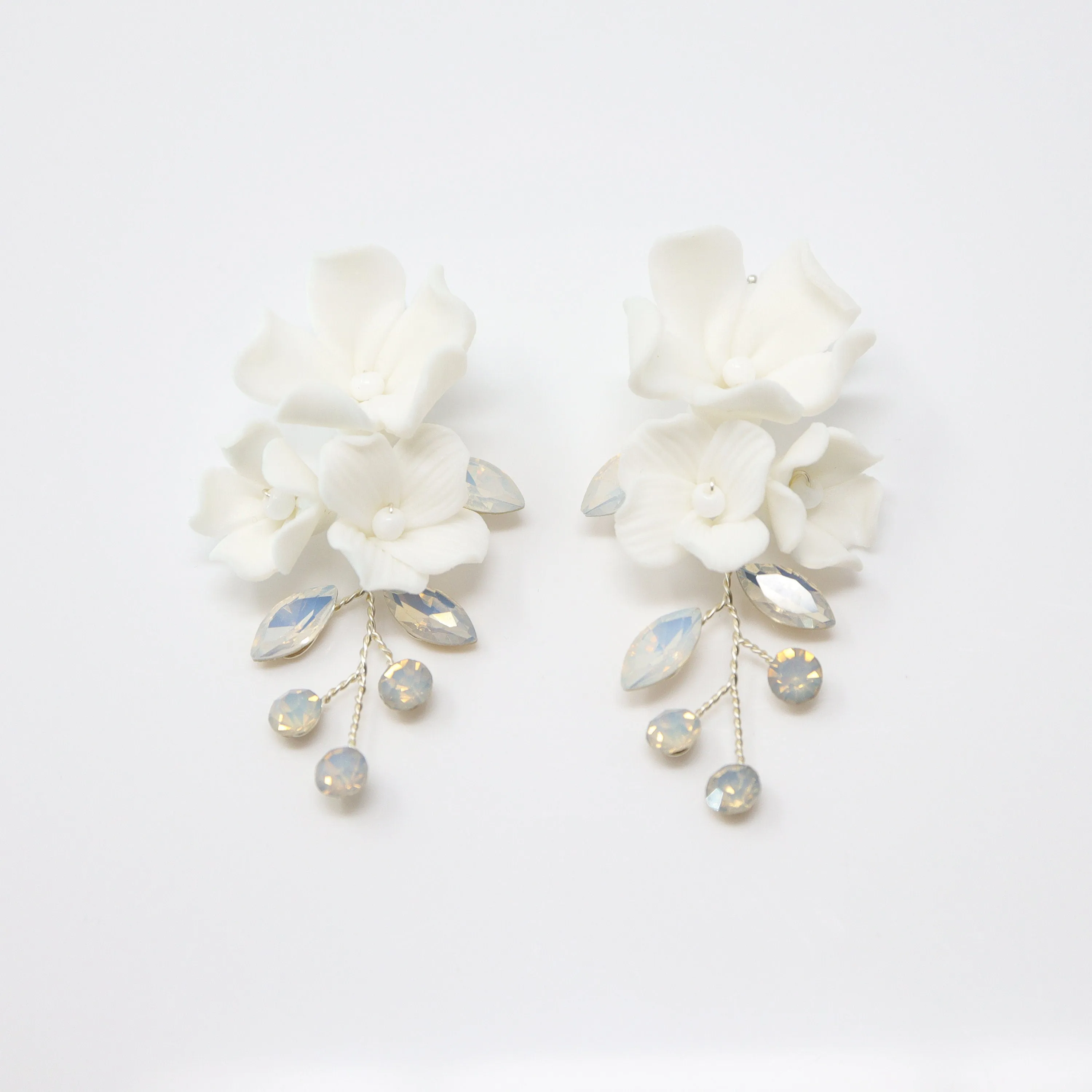 Clip on CZ Opal Ceramic White Flower Sparkling Crystal Long Bridal Jewelry Opal Bridal Earrings Opal Statement Earrings