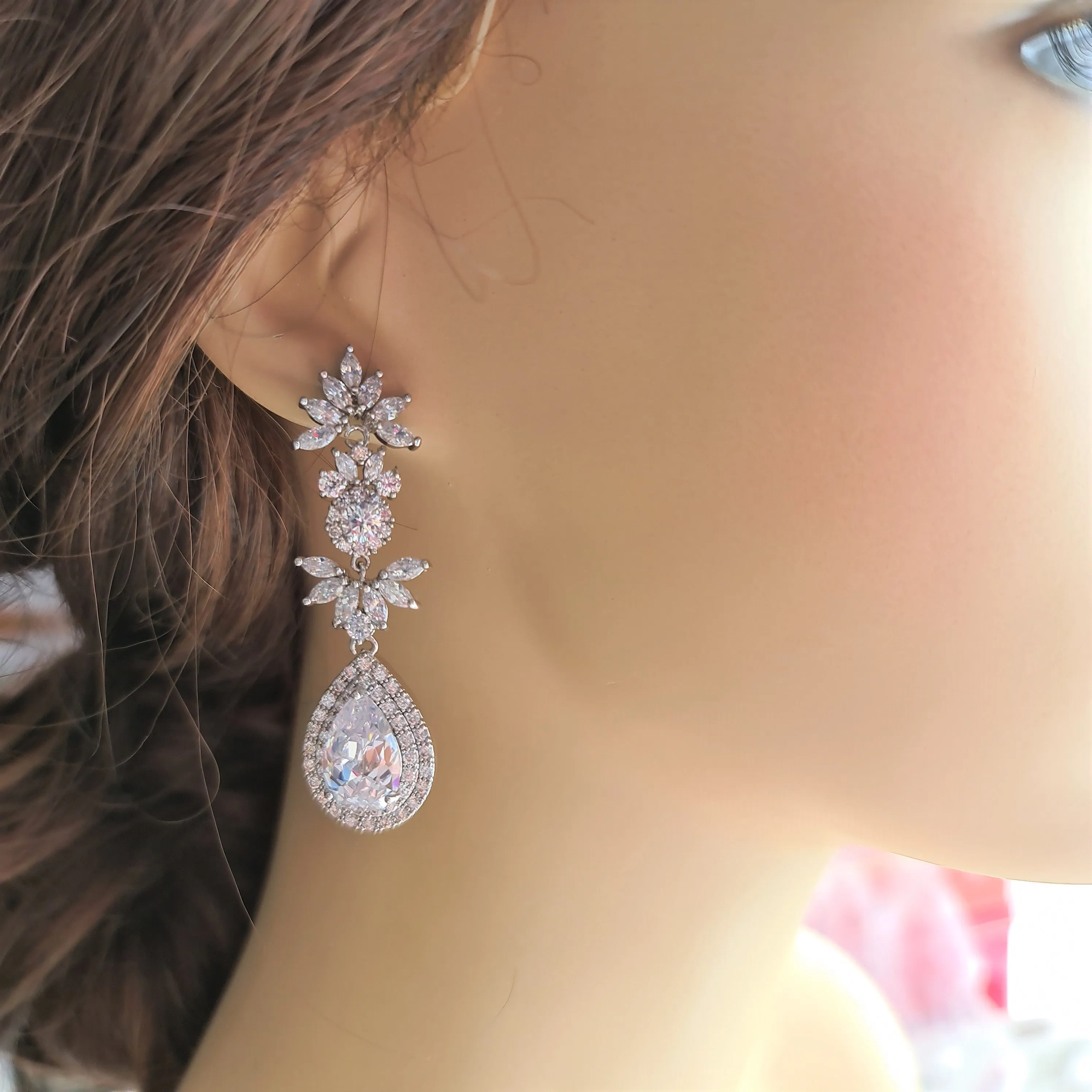 Cubic Zirconia Drop Bridal Earrings- Alya