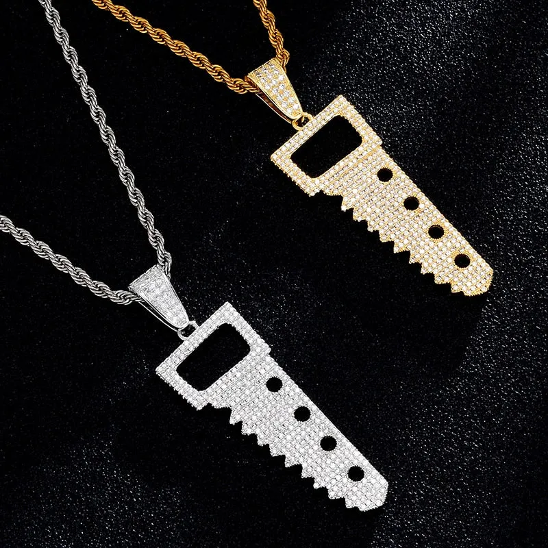 Cubic-Zirconia-Studded Saw Bling Hip-hop Pendant Necklace