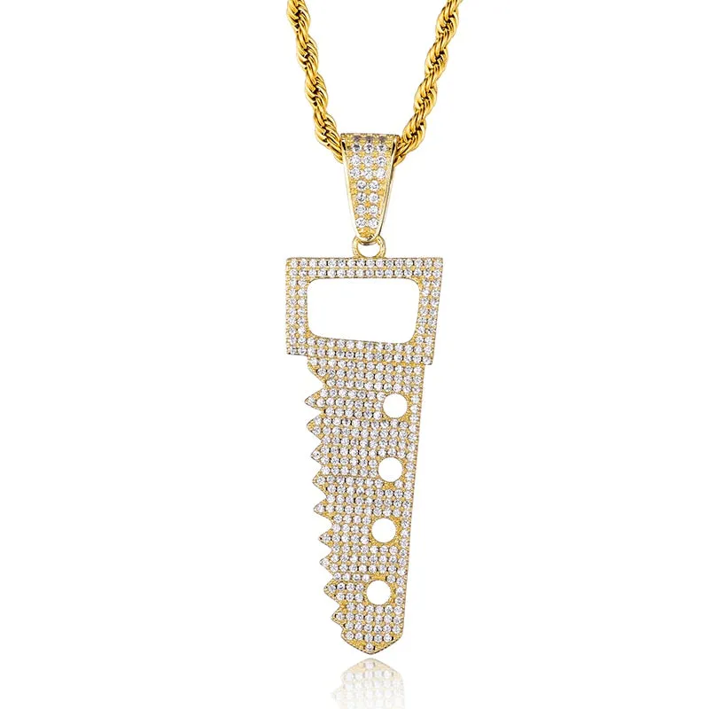 Cubic-Zirconia-Studded Saw Bling Hip-hop Pendant Necklace