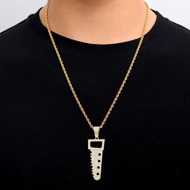 Cubic-Zirconia-Studded Saw Bling Hip-hop Pendant Necklace