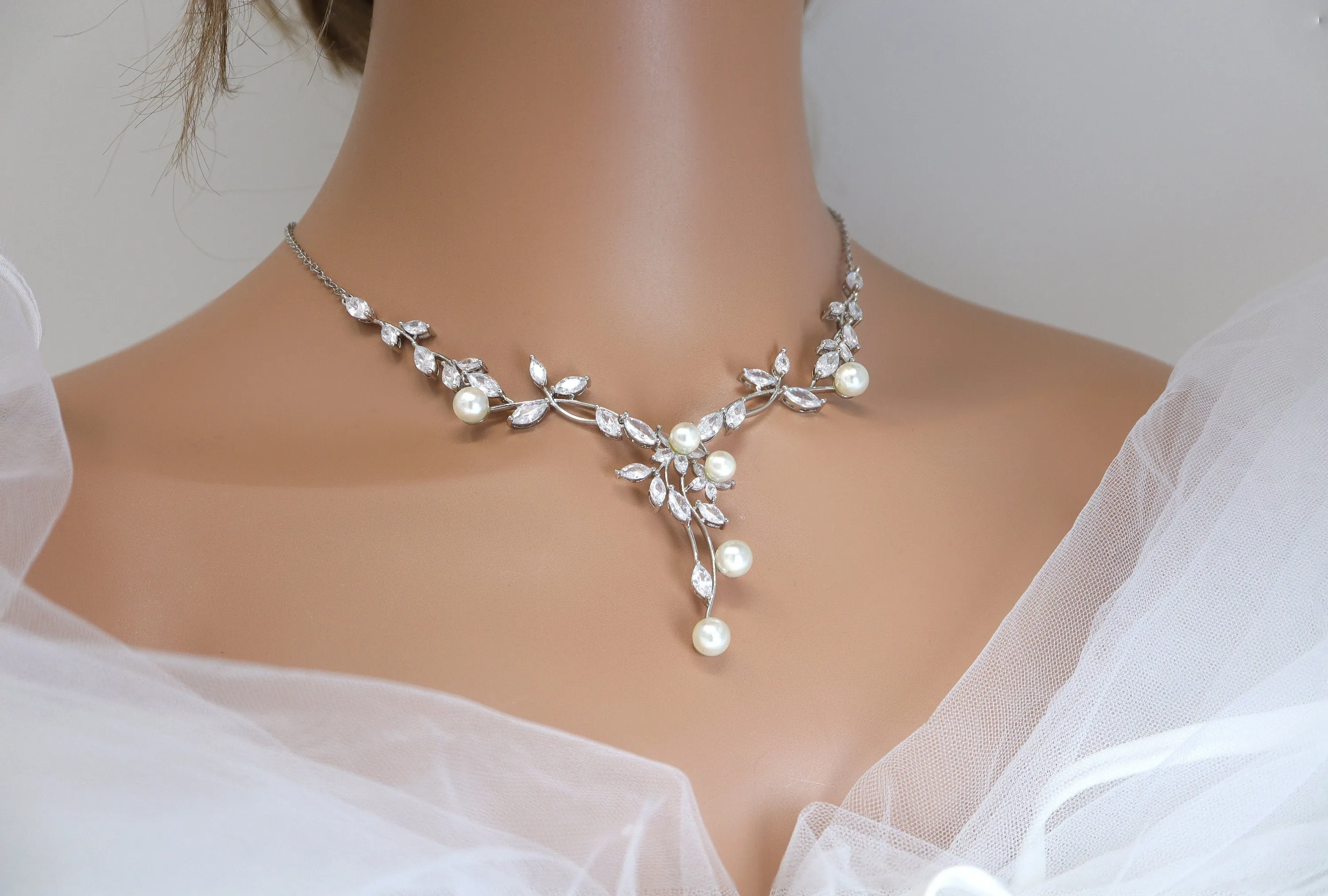 CZ Pearl Bloom Floral Vine Leaves Bridal Necklace Set, Long Bridal Jewelry, Bridal Earrings And Necklace, Statement Earrings Necklace Set.