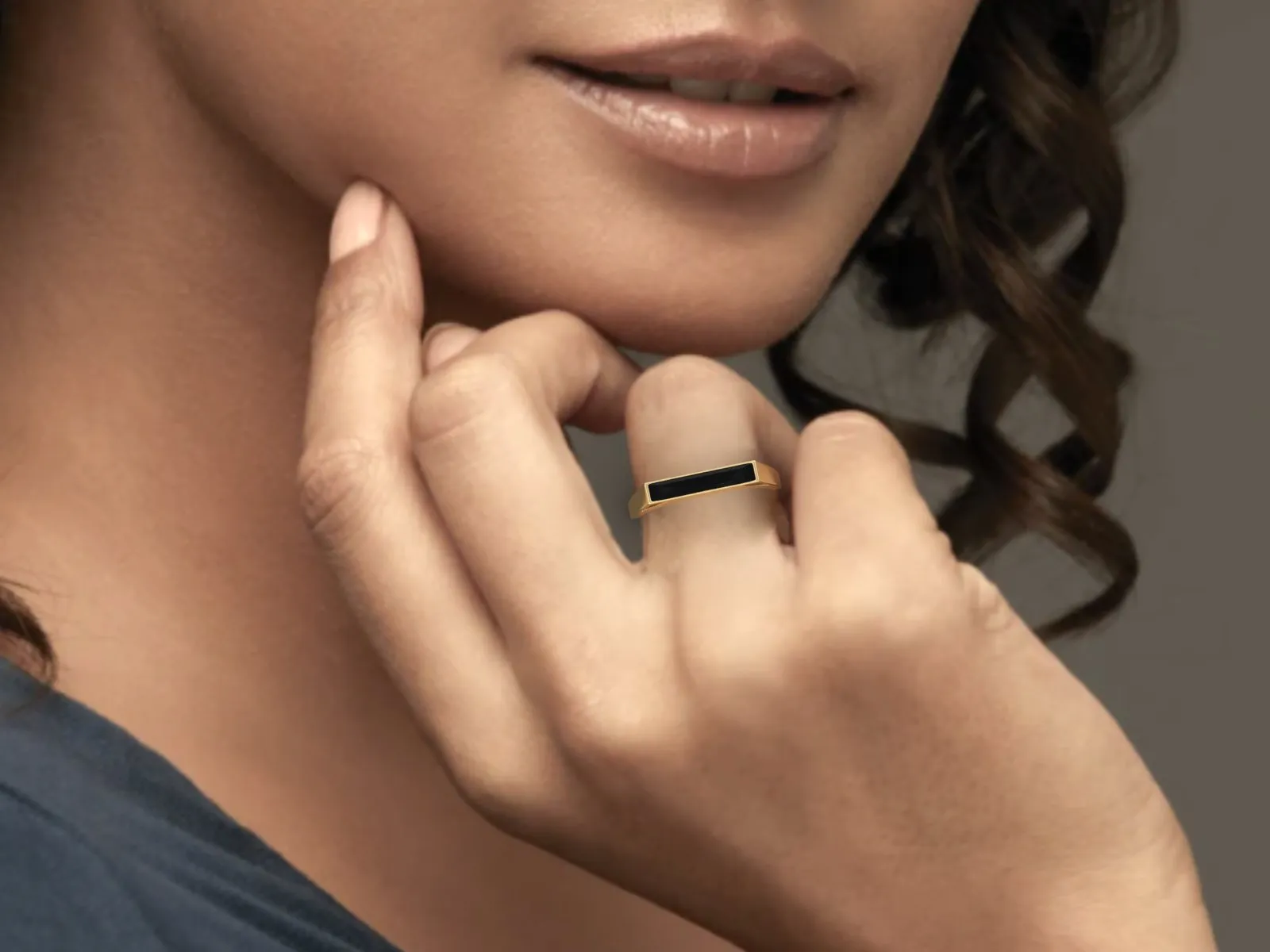 Dainty Gold Ring, Rectangular Black Onyx Ring For Women