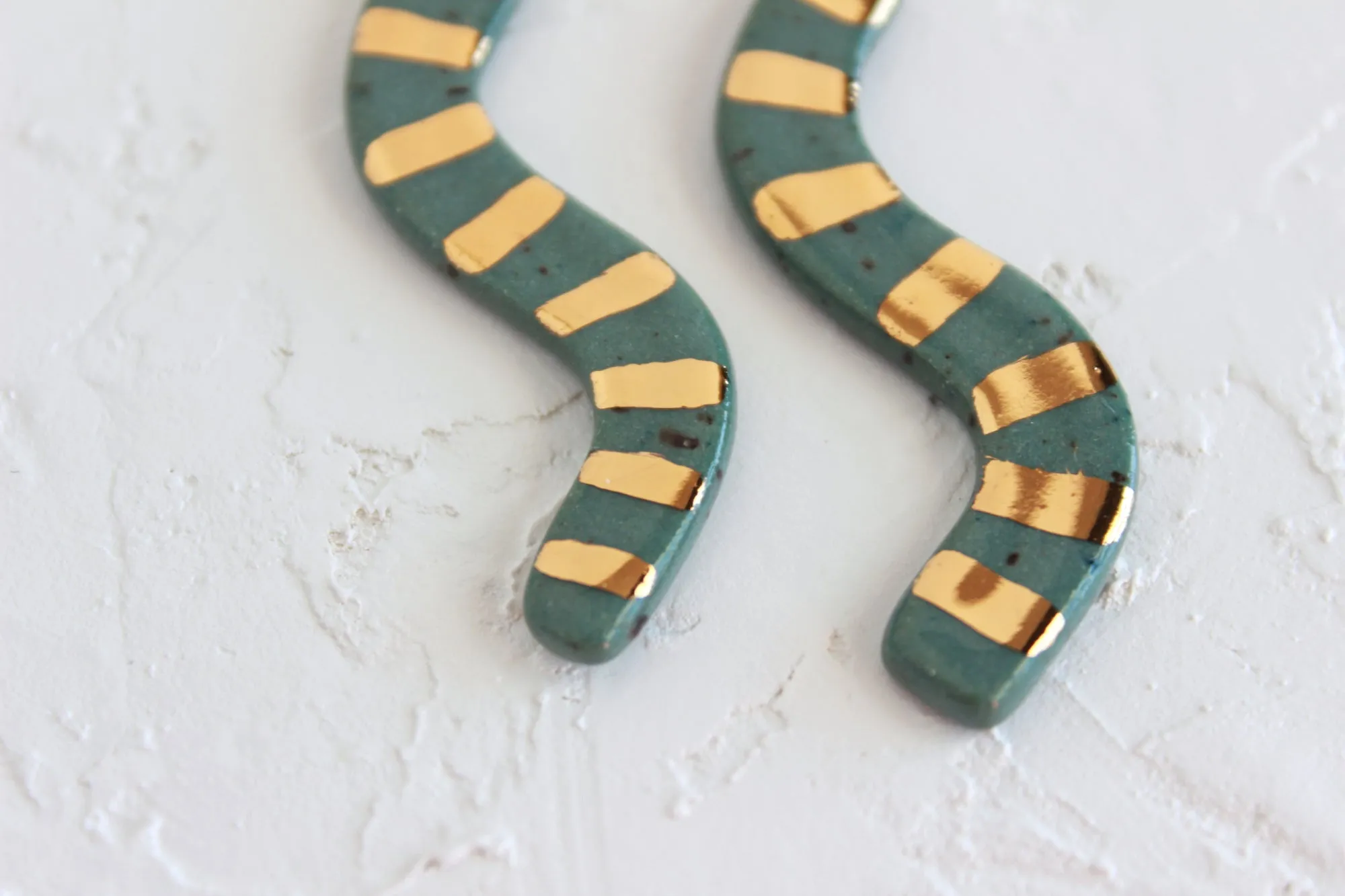 Dark Green Squiggle Long Stud Earrings