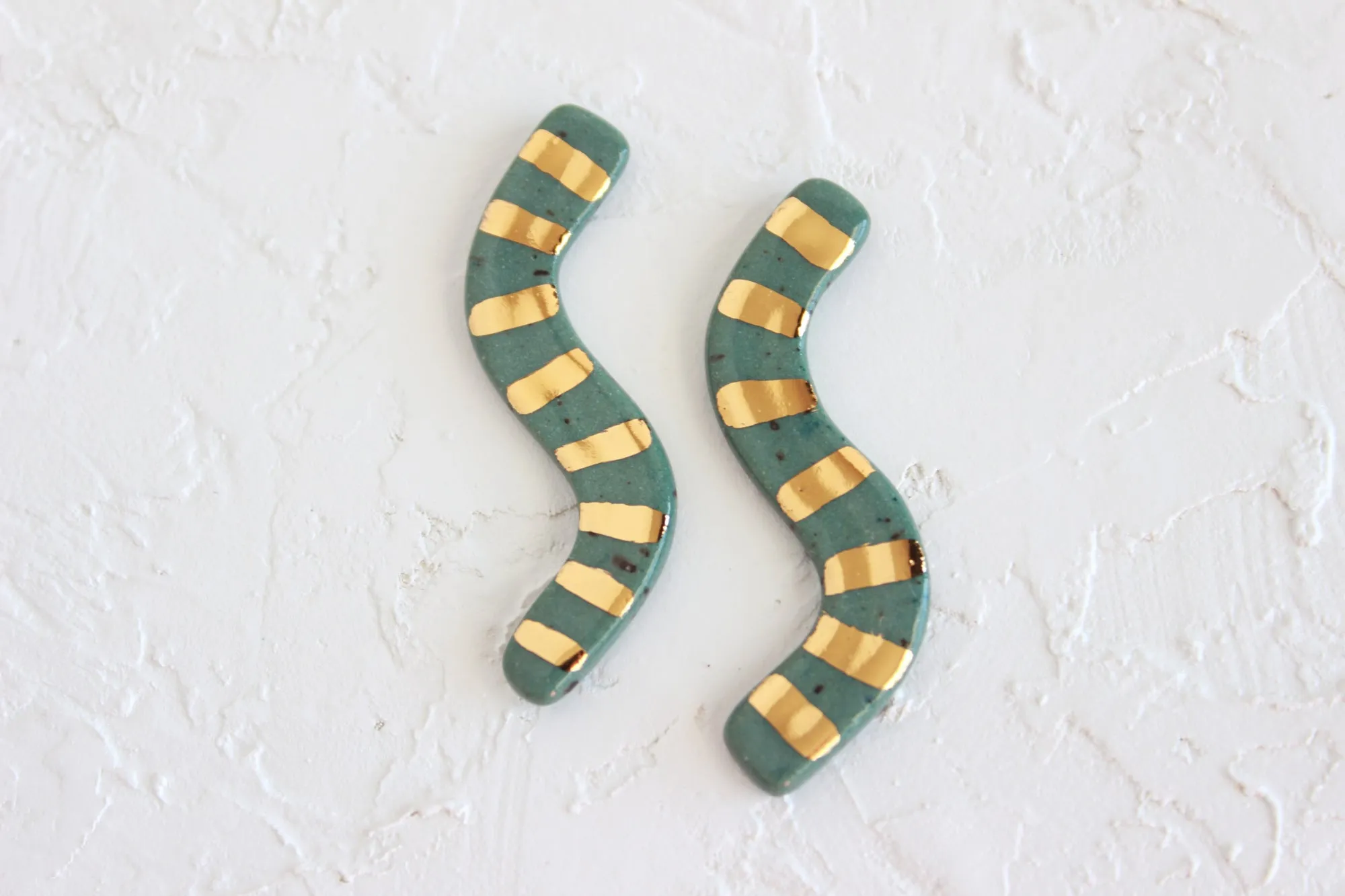 Dark Green Squiggle Long Stud Earrings