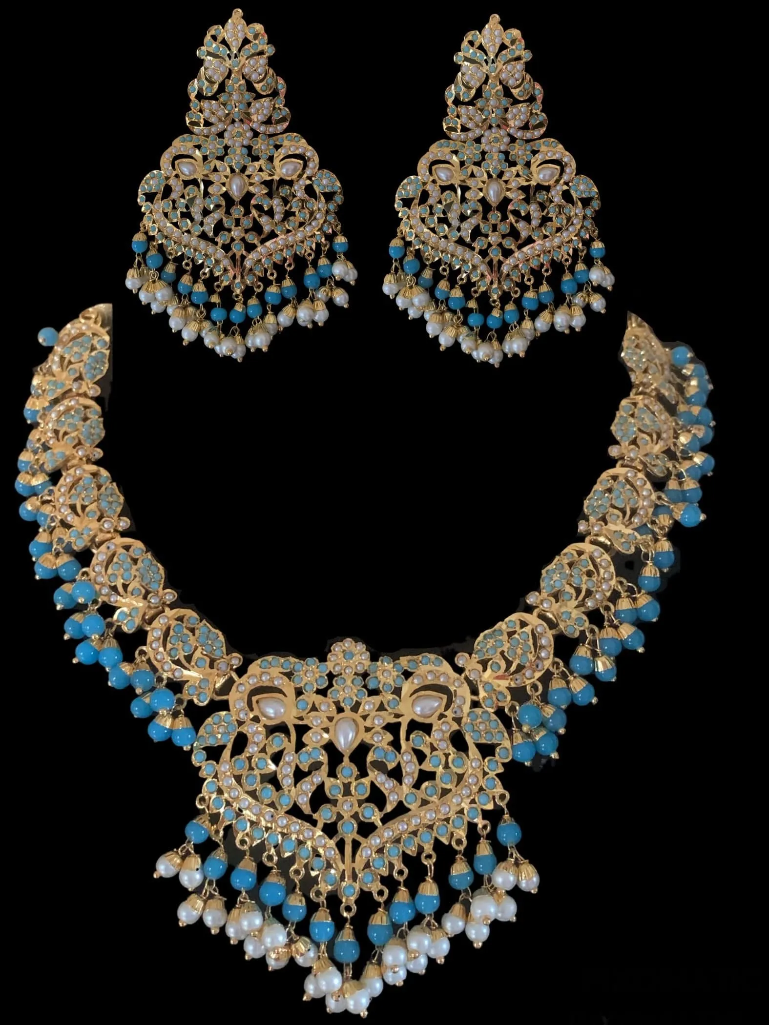 DNS25 Neeli jadau pearl necklace with earrings tika in turquoise (SHIPS IN 4 WEEKS  )