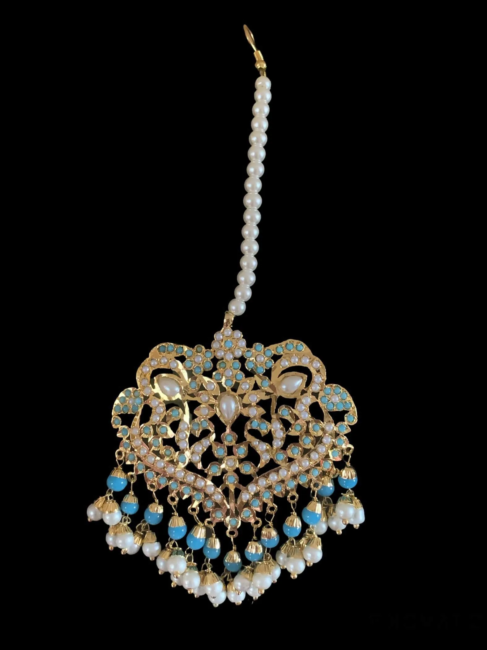 DNS25 Neeli jadau pearl necklace with earrings tika in turquoise (SHIPS IN 4 WEEKS  )