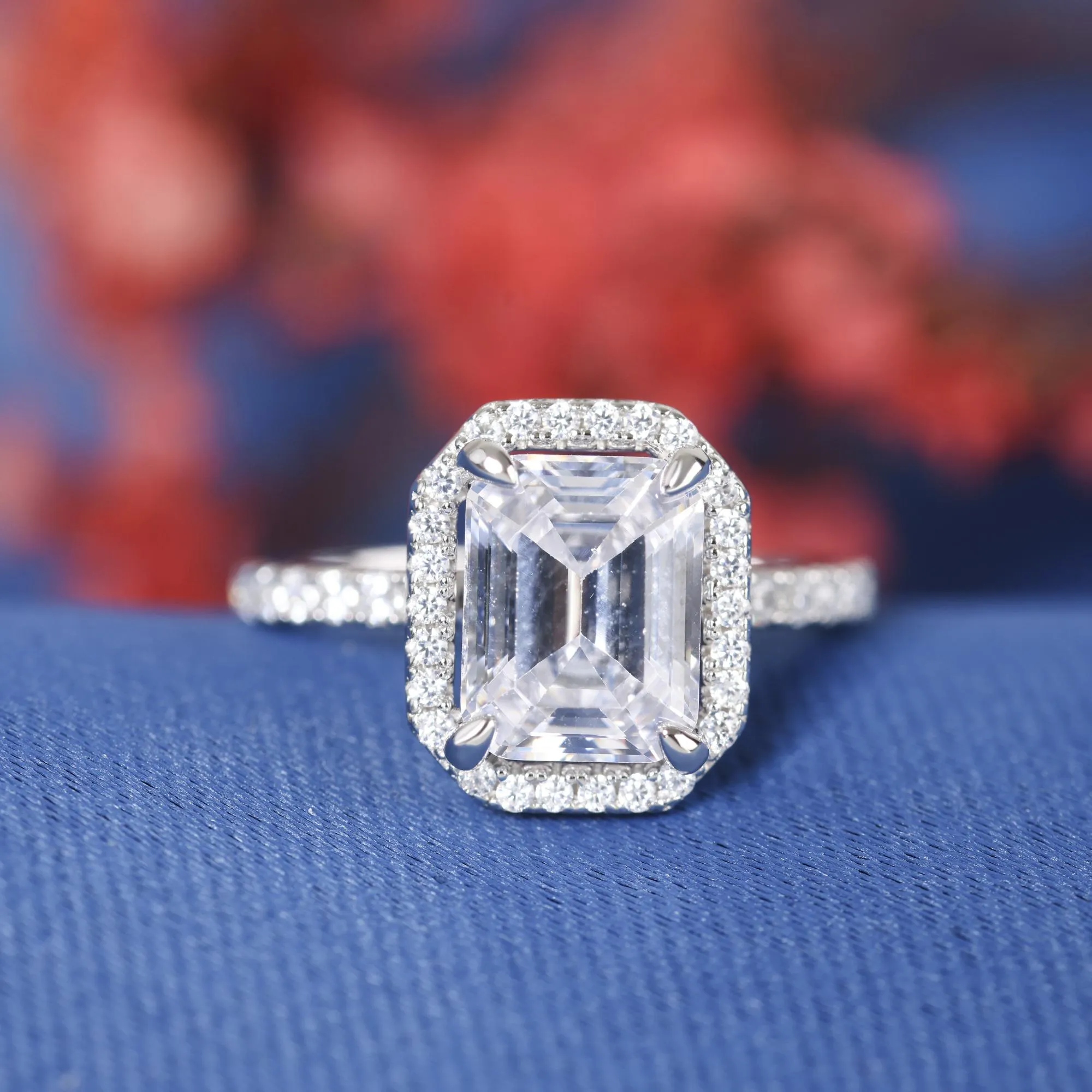 Emerald cut Lab Grown Diamond Hidden Halo engagement ring white gold cluster Bridal Set