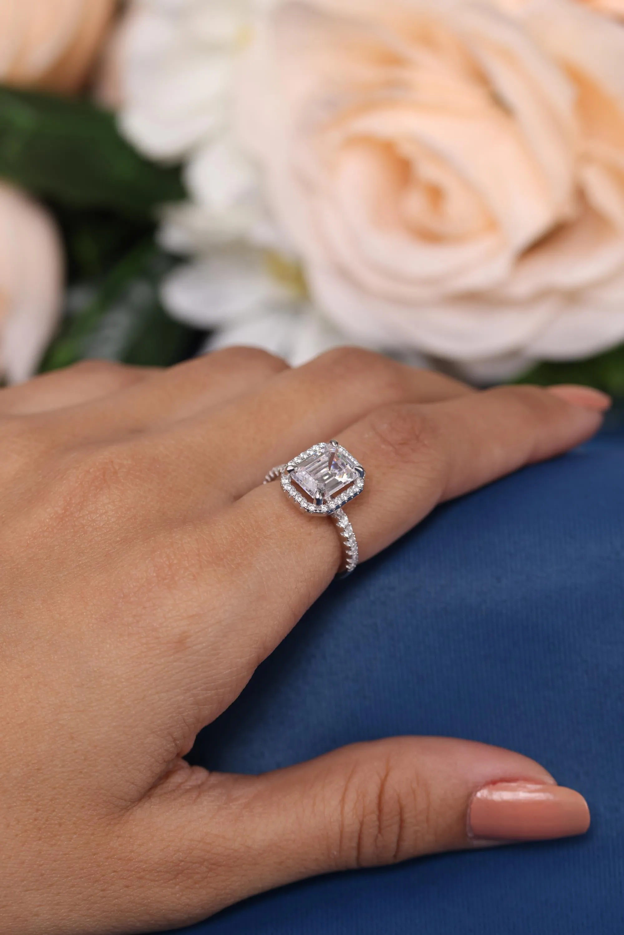 Emerald cut Lab Grown Diamond Hidden Halo engagement ring white gold cluster Bridal Set