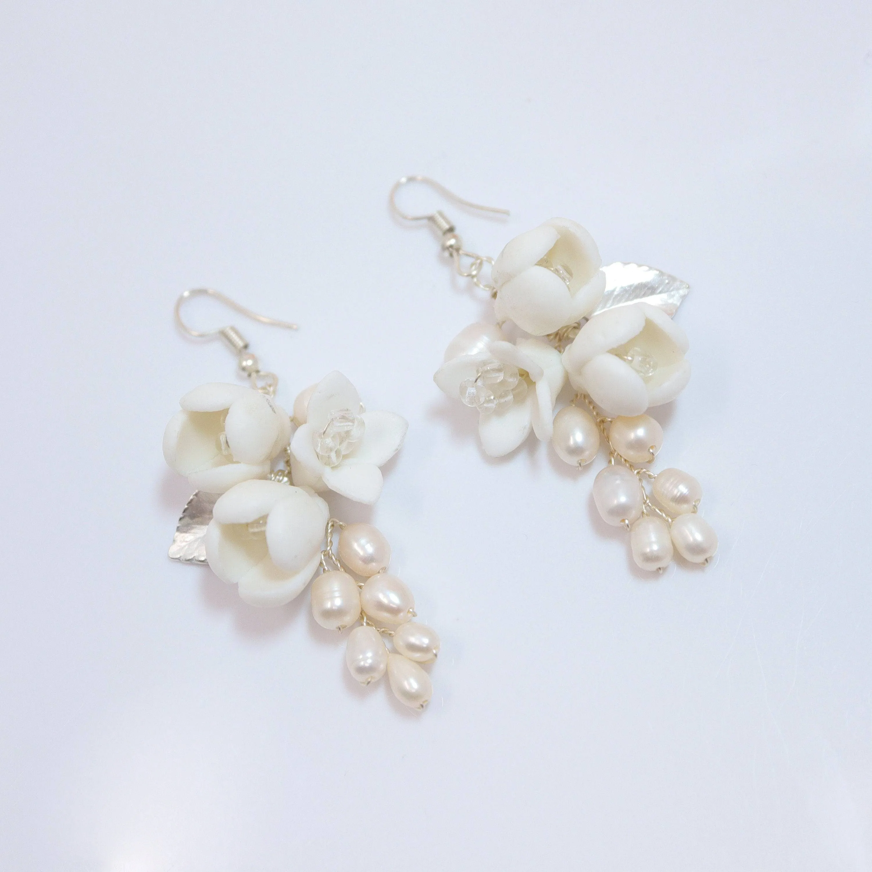 Freshwater Cultured Pearl Ceramic White Flower Dangle Earrings, Long Bridal Jewelry Opal Bridal Earrings Opal Statement Earrings