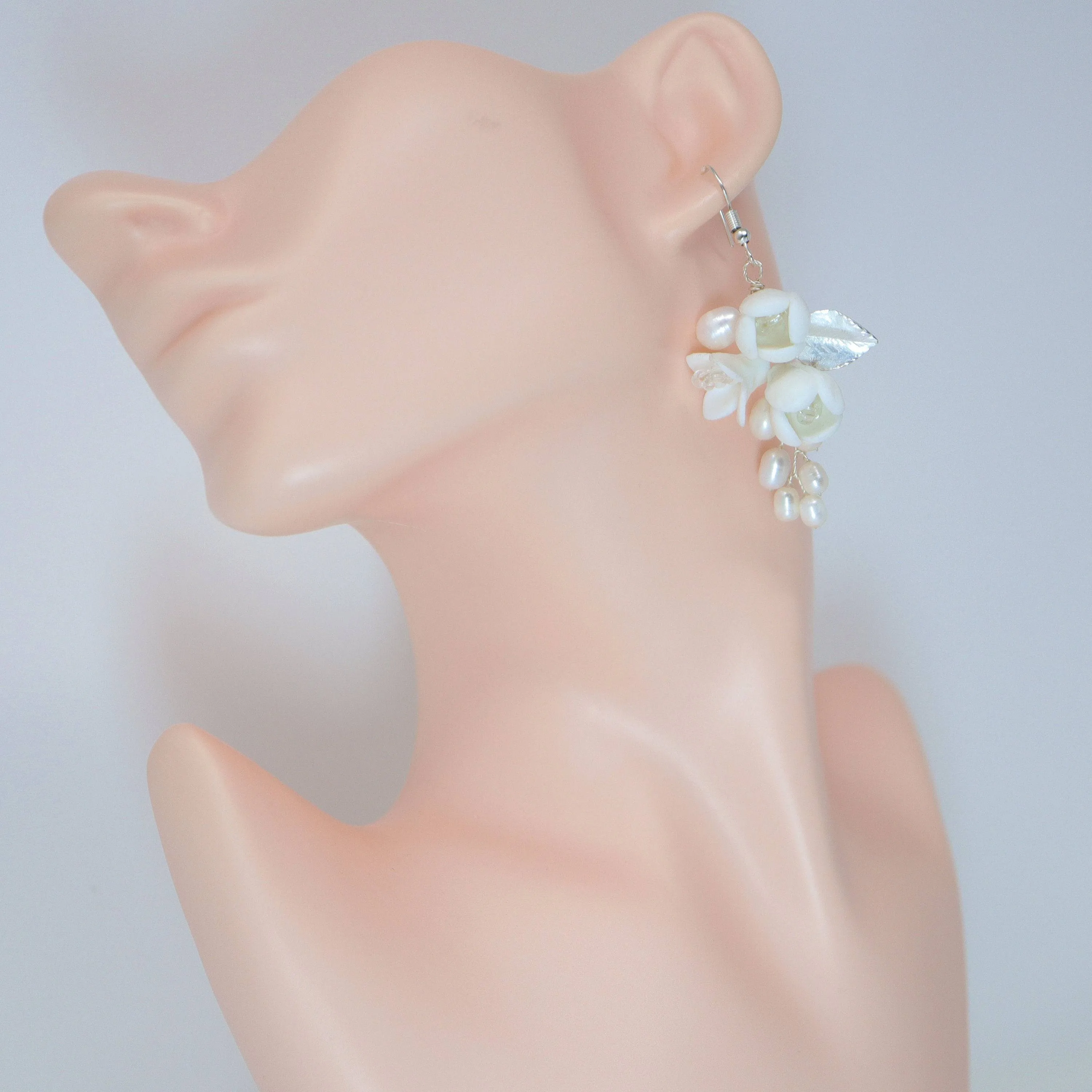 Freshwater Cultured Pearl Ceramic White Flower Dangle Earrings, Long Bridal Jewelry Opal Bridal Earrings Opal Statement Earrings