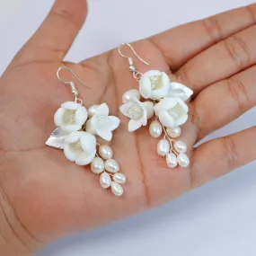 Freshwater Cultured Pearl Ceramic White Flower Dangle Earrings, Long Bridal Jewelry Opal Bridal Earrings Opal Statement Earrings