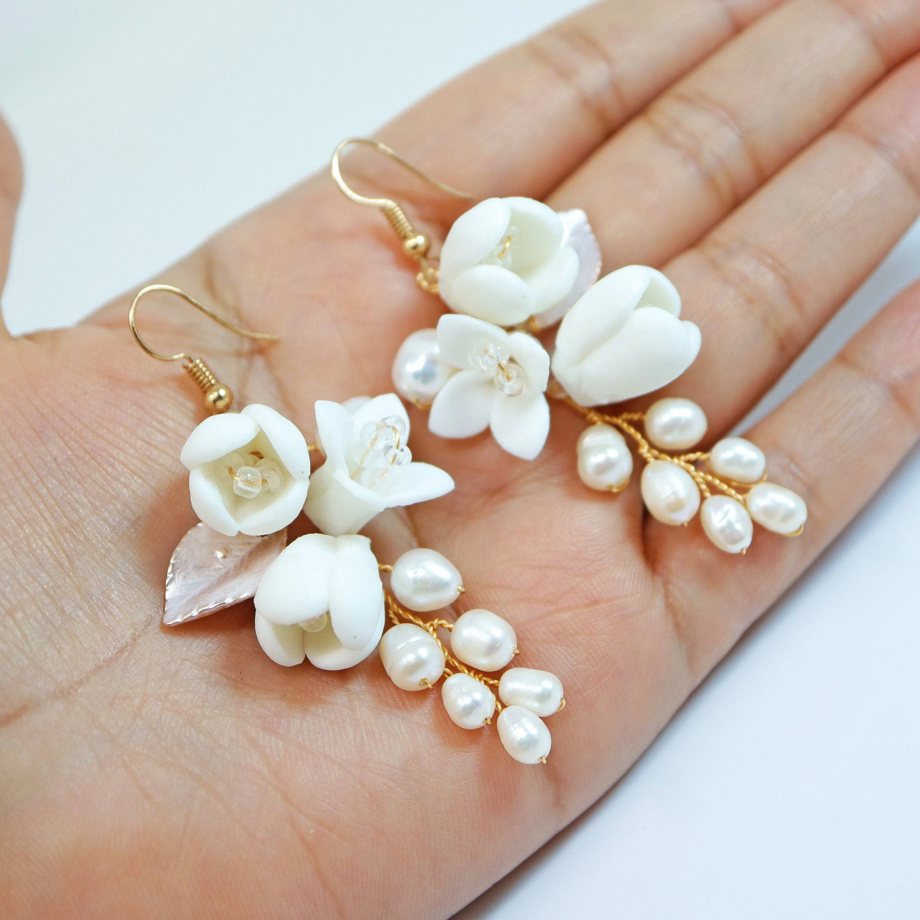 Freshwater Cultured Pearl Ceramic White Flower Dangle Earrings, Long Bridal Jewelry Opal Bridal Earrings Opal Statement Earrings