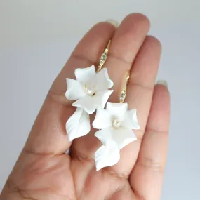 Freshwater Cultured Pearl Ceramic White Flower Hook Rhinestone Earrings, Long Bridal Earring, Pearl Bridal Earrings, Statement Earrings.