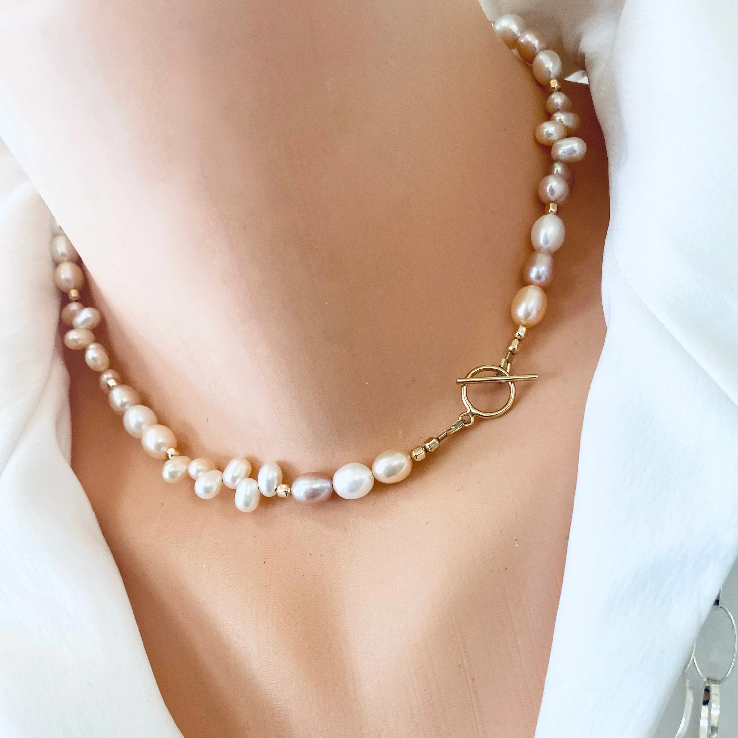 Freshwater Pastel Pearls Toggle Necklace with Gold Filled Details, June Birthstone Gift for Her, 16inc