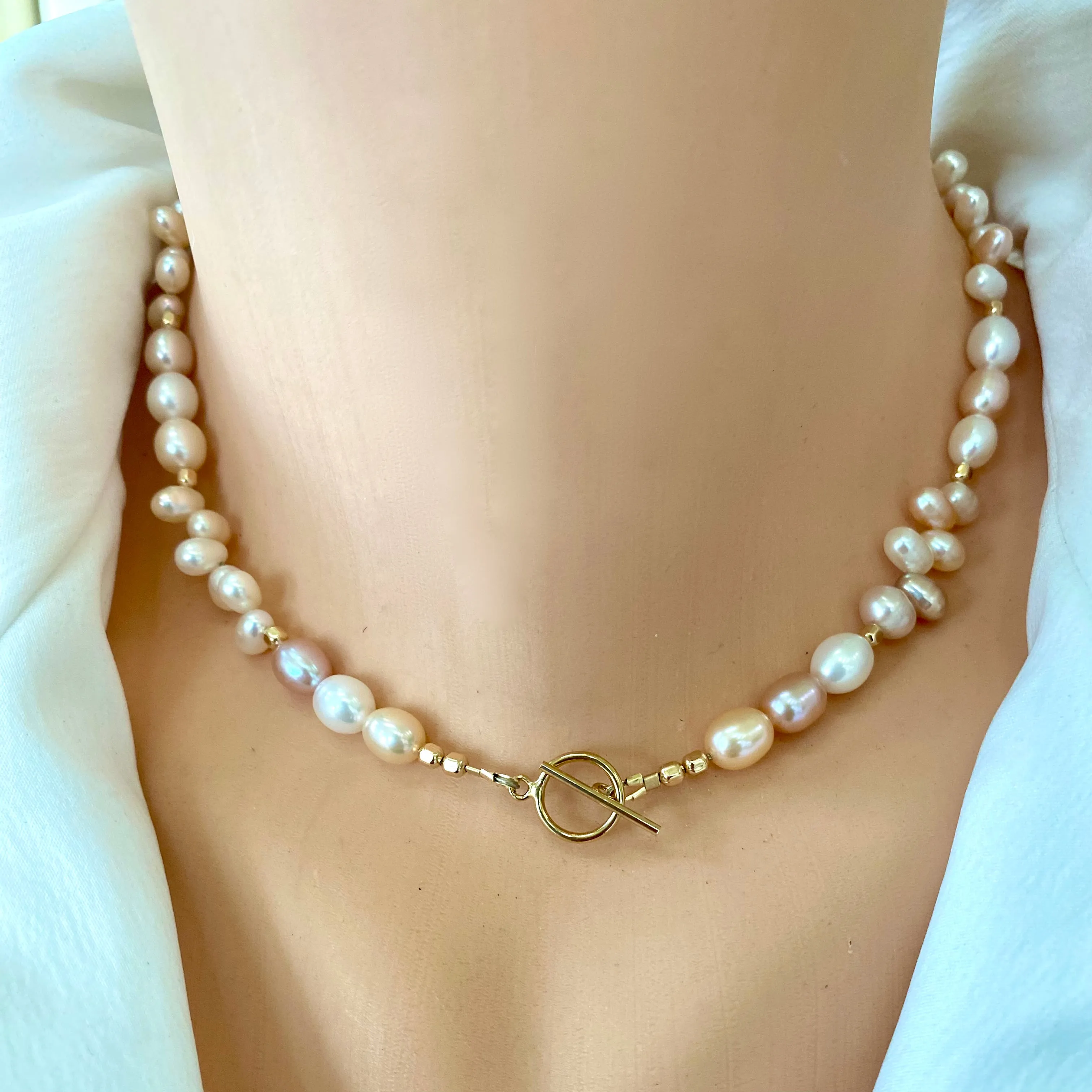 Freshwater Pastel Pearls Toggle Necklace with Gold Filled Details, June Birthstone Gift for Her, 16inc