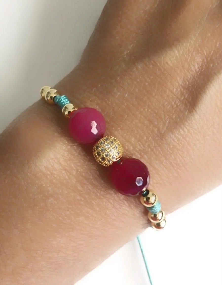 Fuscia BeadJjewelry, Simple Elegant Cubic Zirconia Fire Ball, Everyday Beaded Bracelet, Natural Stone Gold Fashion Bracelet, Christmas Gift