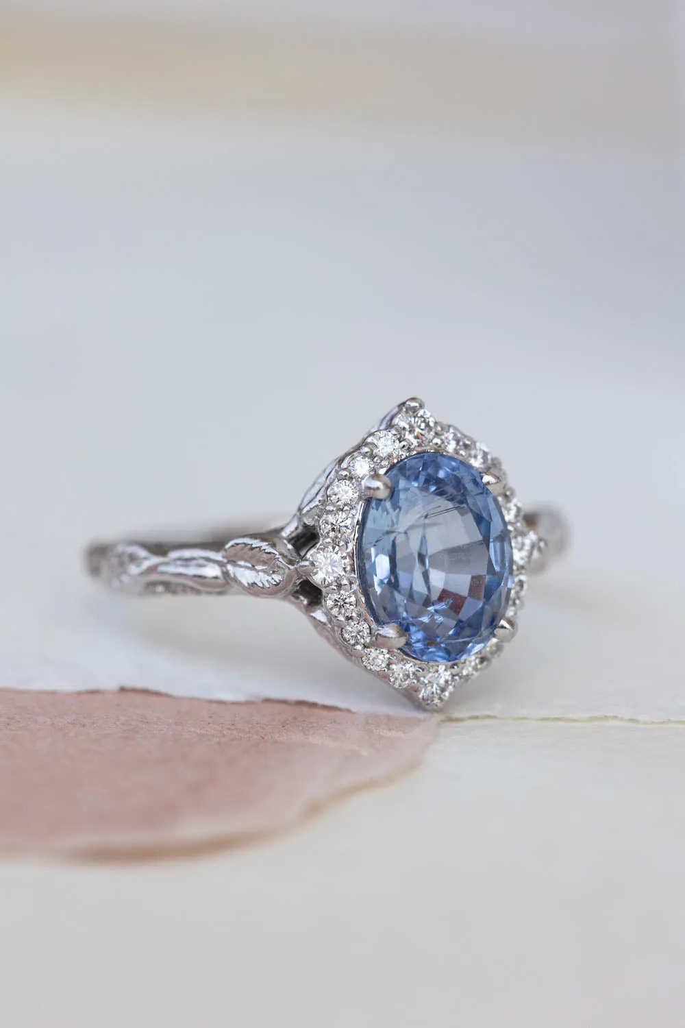 Genuine light blue sapphire bridal ring set, diamond halo nature inspired engagement ring set / Florentina