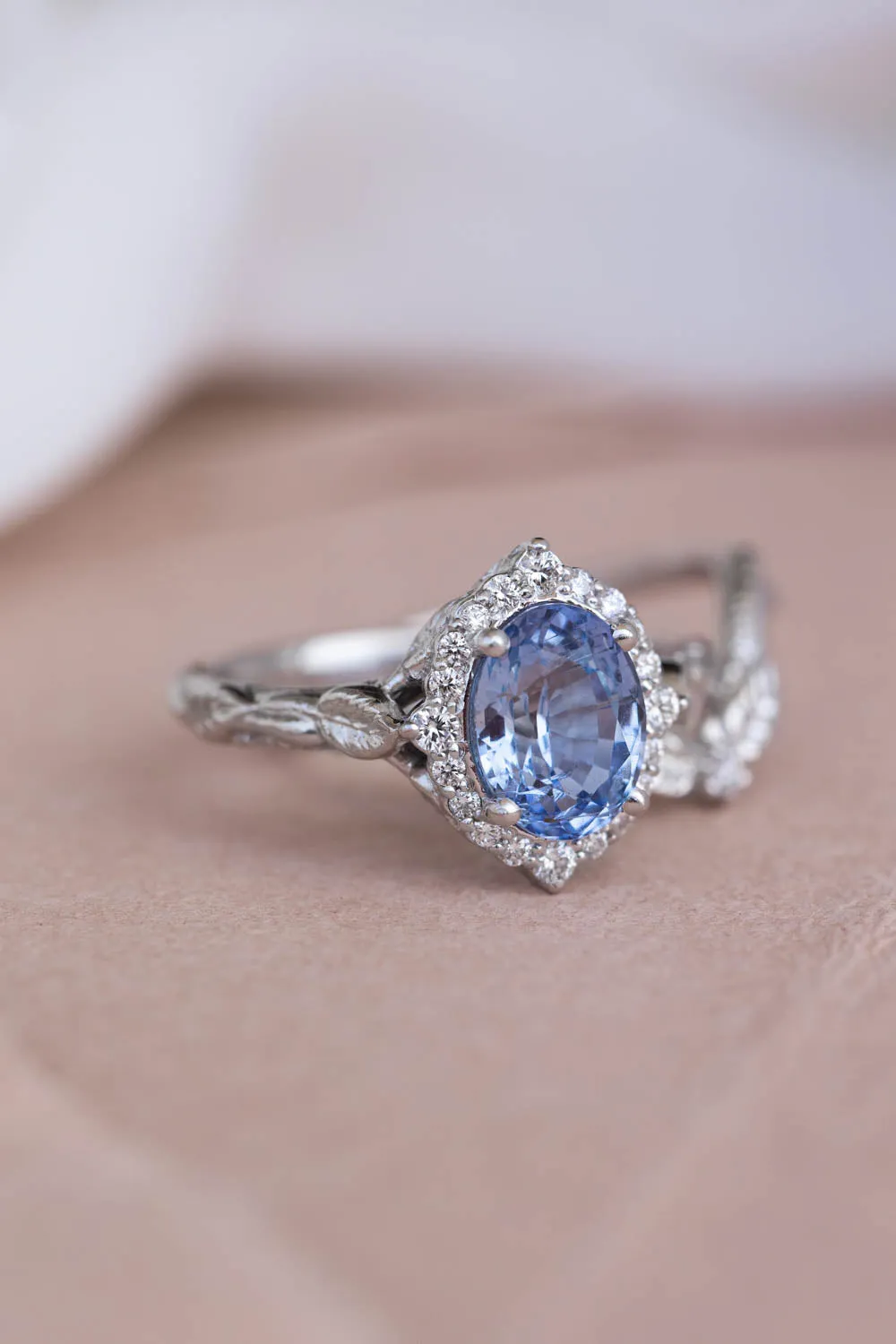 Genuine light blue sapphire bridal ring set, diamond halo nature inspired engagement ring set / Florentina