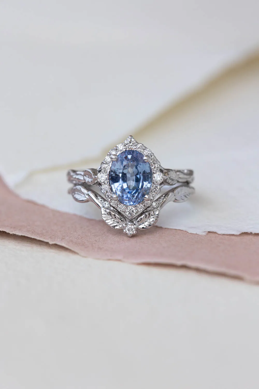 Genuine light blue sapphire bridal ring set, diamond halo nature inspired engagement ring set / Florentina