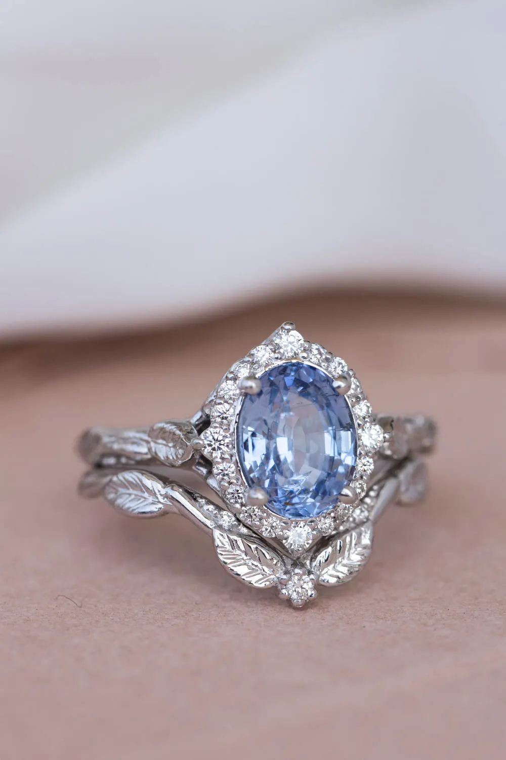 Genuine light blue sapphire bridal ring set, diamond halo nature inspired engagement ring set / Florentina