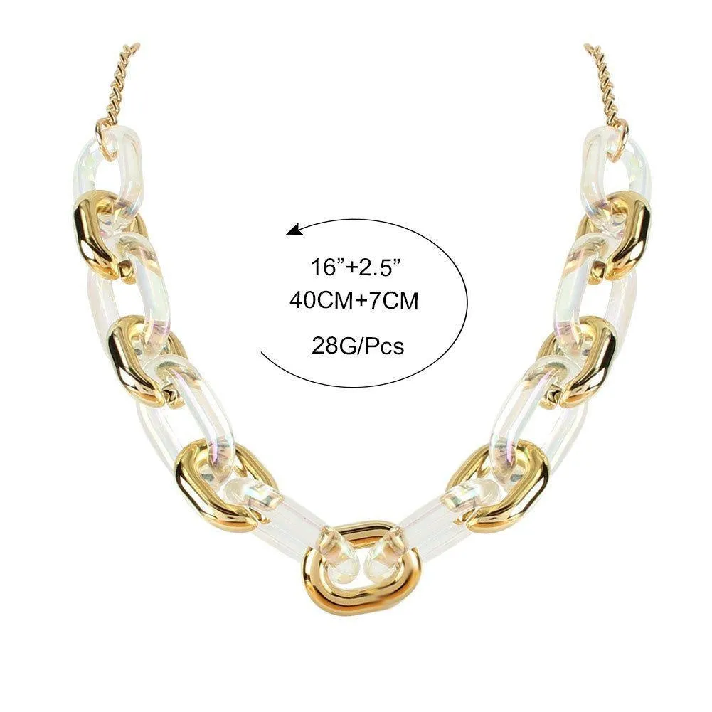 Gold Chunky Clear Acrylic Chain 2 Piece Together Angle Heart Statement Necklace