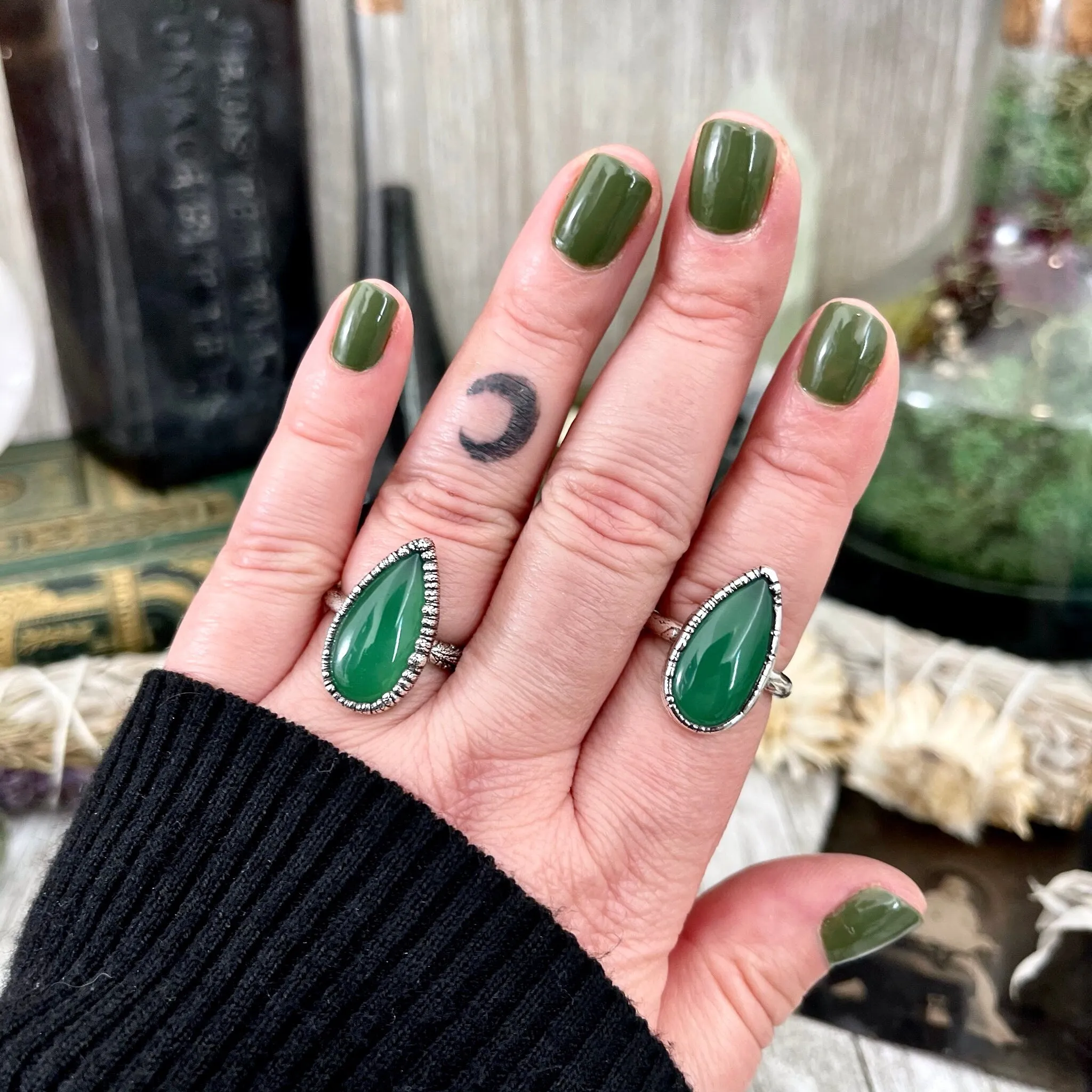 Green Agate Ring in Fine Silver Size 7 8 9 10 /  Large Crystal Ring  - Green Stone Ring - Silver Crystal Ring - Bohemian Jewelry